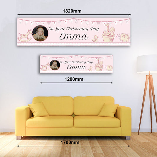 Personalised Banner - Christening Banner with Photo Pink Personalised Christening Banner