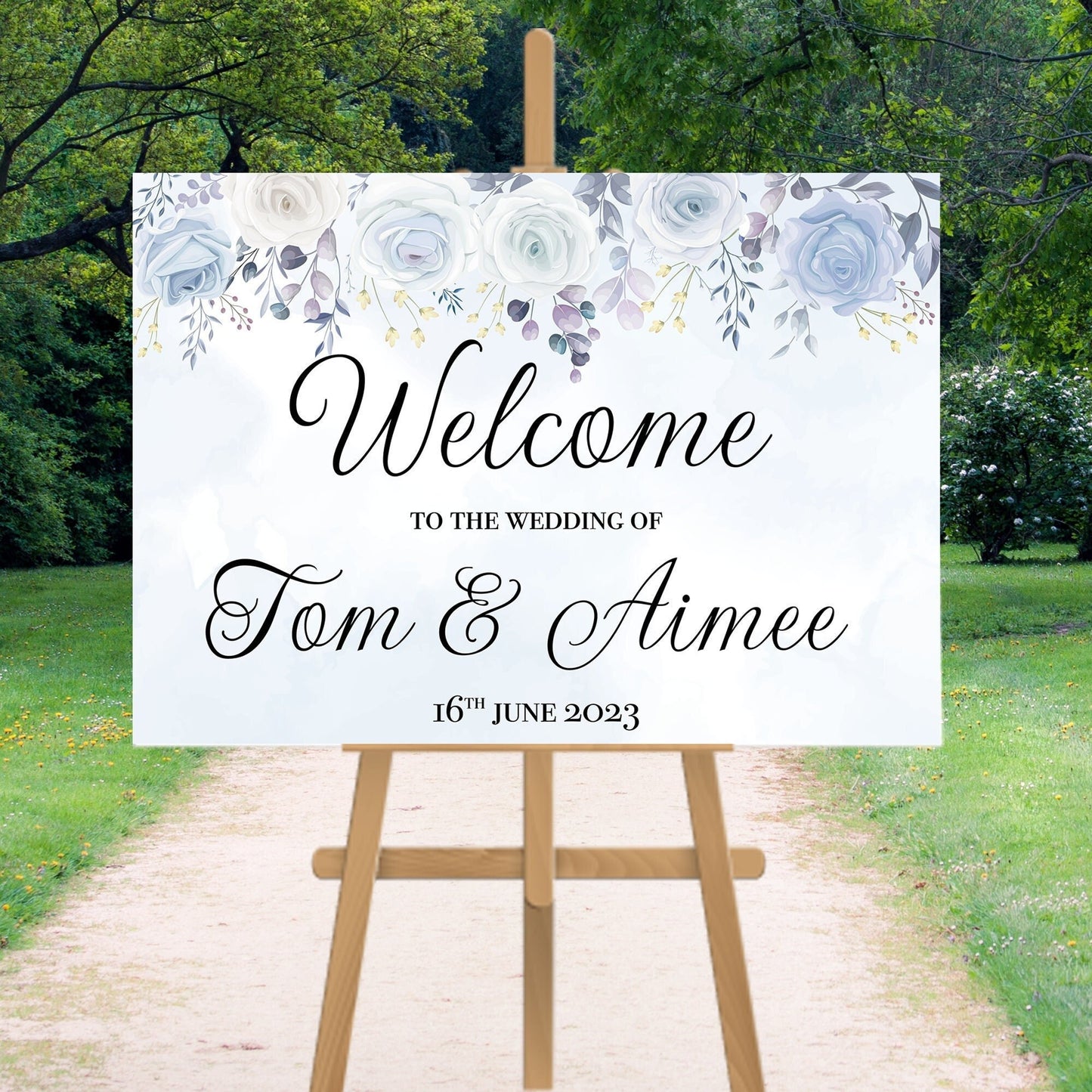 Personalised Welcome Landscape Wedding Sign Blue Flowers Wedding Sign Wedding Welcome Sign