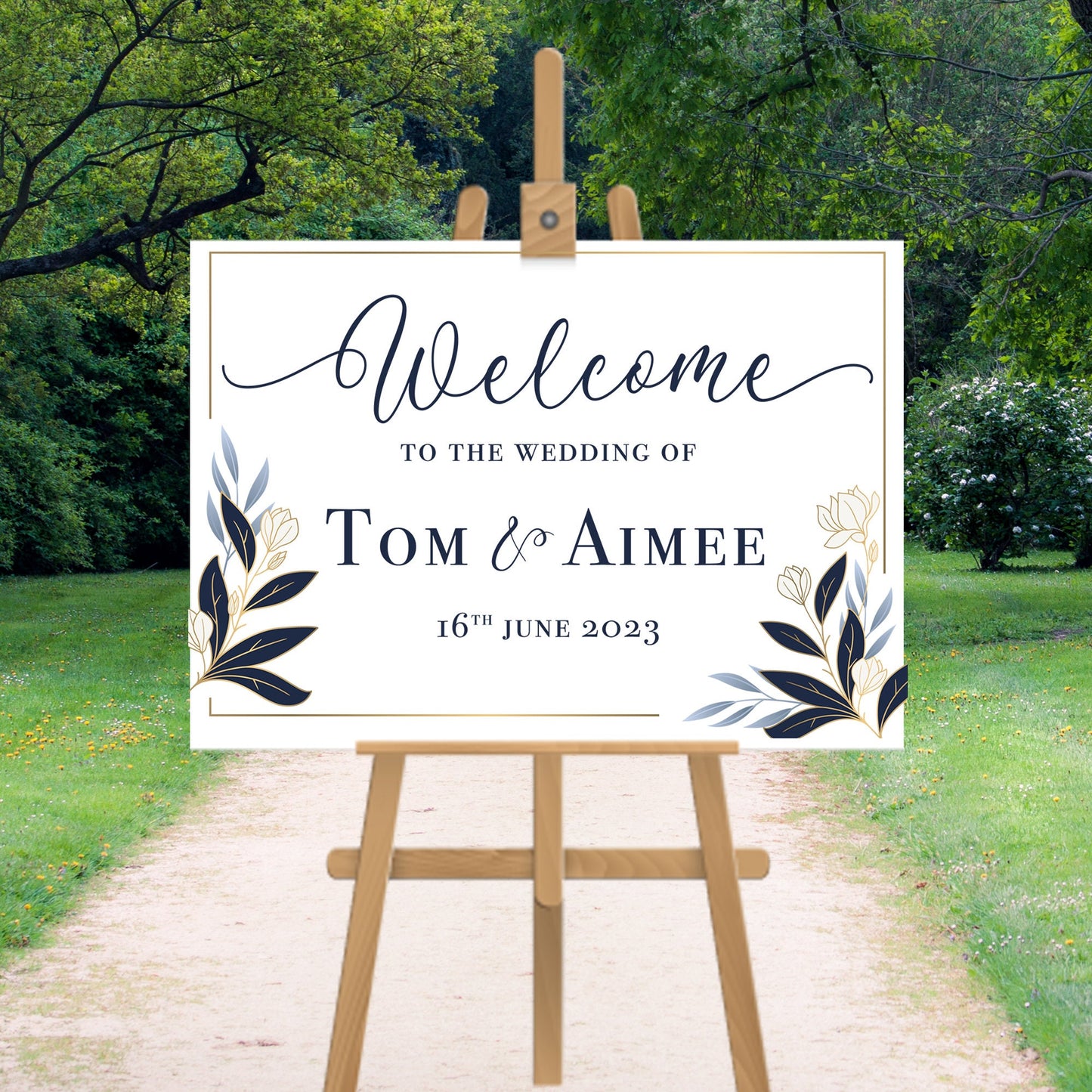 Personalised Welcome Landscape Wedding Sign Navy Flowers Wedding Sign Wedding Welcome Sign