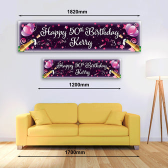 Personalised Banner - Pink Balloons & Champagne - Paper or Vinyl