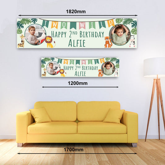 Personalised Banner - Two Wild Birthday Banner with Photo or, Personalised Jungle Cut-Out Banner with Photo
