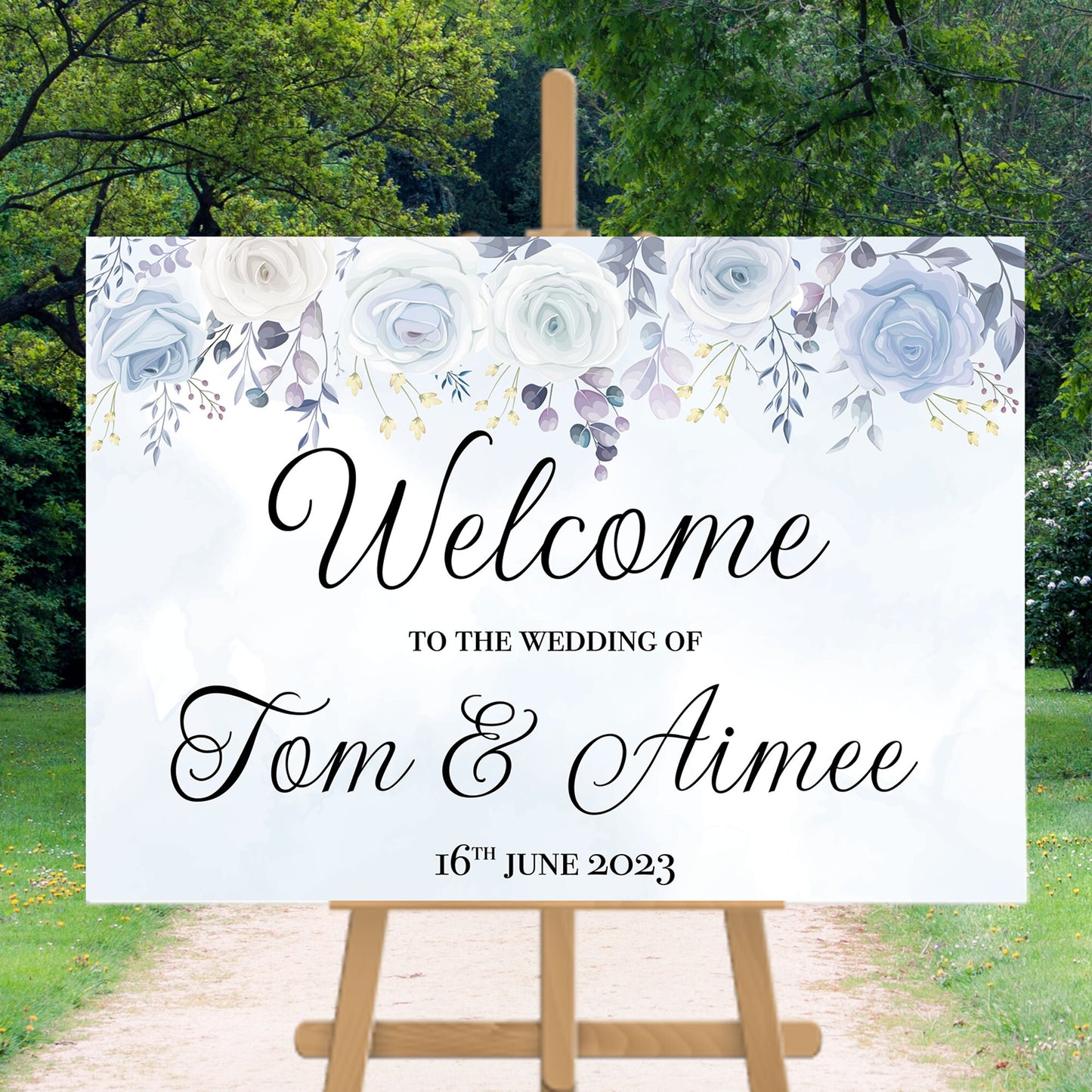 Personalised Welcome Landscape Wedding Sign Blue Flowers Wedding Sign Wedding Welcome Sign