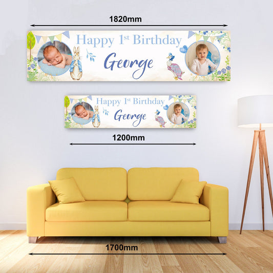 Personalised Banner - Peter Rabbit & Jemima Style Blue Age Banner, 1st Birthday Banner, Peter Rabbit Photo Banner