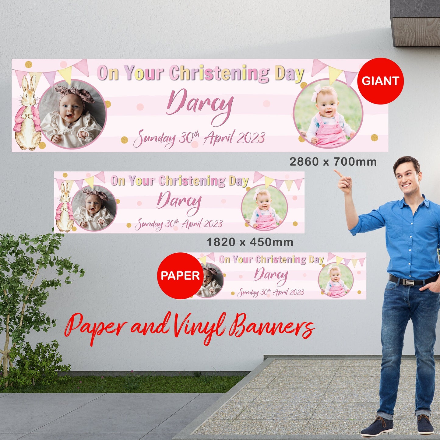 Personalised Banner - Peter Rabbit Style Pink Christening Banner, Peter Rabbit Photo Banner