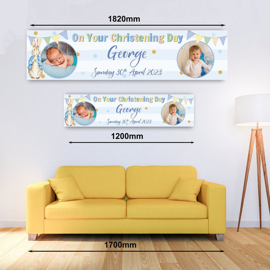 Personalised Banner - Peter Rabbit Style Blue Christening Banner, Peter Rabbit Photo Banner