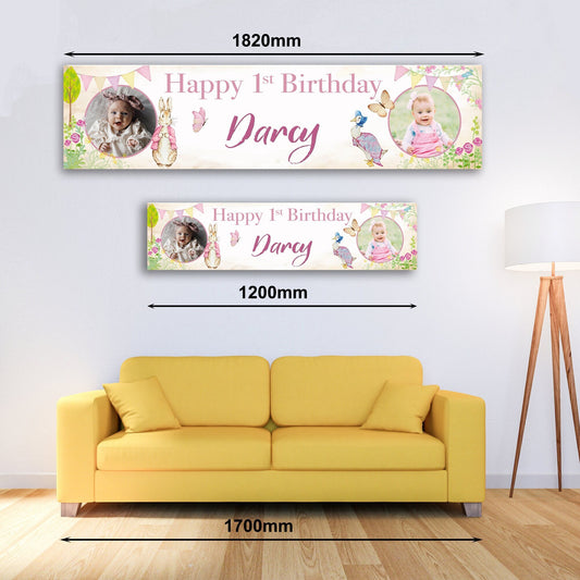 Personalised Banner - Peter Rabbit & Jemima Style Pink Age Banner, 1st Birthday Banner, Peter Rabbit Photo Banner