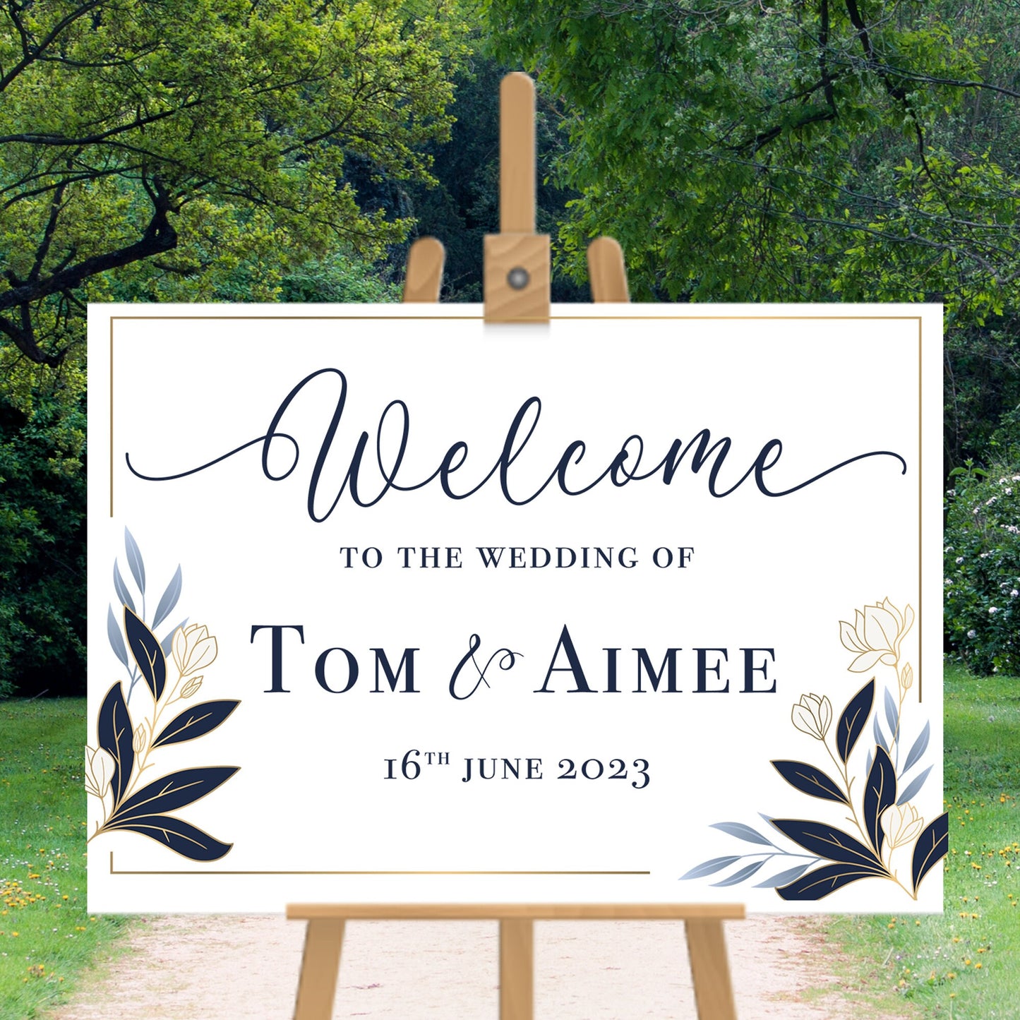 Personalised Welcome Landscape Wedding Sign Navy Flowers Wedding Sign Wedding Welcome Sign