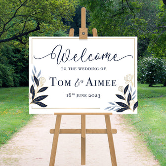 Personalised Welcome Landscape Wedding Sign Navy Flowers Wedding Sign Wedding Welcome Sign